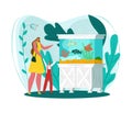 Aquarium fish set, home oceanarium, vector illustration. Mother, child watch floating sea animals. Happy boy admire Royalty Free Stock Photo