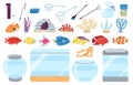 Aquarium fish and tools. House fish, tank glass and care pet accessories. Cartoon exotic underwater animals, fishbowl Royalty Free Stock Photo