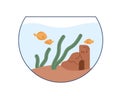 Aquarium with goldfishes swimming in water. Round glass fishbowl with gold fishes, seaweeds, sand castle. Home