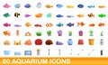 60 aquarium icons set, cartoon style