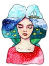 An aquarium illustration depicting a surreal portrait of a woman . Royalty Free Stock Photo