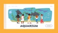 Aquarium Landing Page Template. Children in Oceanarium Looking at Ocean Fishes behind of Glass, Marine Flora and Fauna