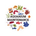 Aquarium maintenance vector poster, marine fauna and flora, aquatic pet care, zoo shop store, different fish, accessory