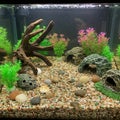 Aquarium scene with a variety of colorful artificial elements. The substrate consists