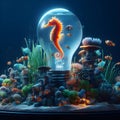 An aquarium with sea horse and clown fishs in a light bulb.