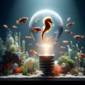 An aquarium with sea horse and clown fishs in a light bulb.