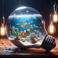 An aquarium with sea horse and clown fishs in a light bulb.