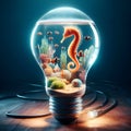An aquarium with sea horse and clown fishs in a light bulb.