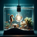 An aquarium with sea horse and clown fishs in a light bulb.