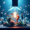 An aquarium with sea horse and clown fishs in a light bulb.