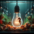 An aquarium with sea horse and clown fishs in a light bulb.