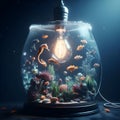 An aquarium with sea horse and clown fishs in a light bulb.
