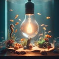 An aquarium with sea horse and clown fishs in a light bulb.