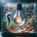 An aquarium with sea horse and clown fishs in a light bulb.