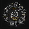 Aquarium snail vector black illustration in circular design. Linear icons for pet home care banner