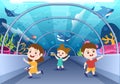 Aquarium Template Hand Drawn Cartoon Illustration with Kids Looking at Underwater Fish, Sea Animal Variety, Marine Flora and Fauna