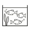 Aquarium with three fishes and aquatic plant, black vector illustration, contour drawing, web symbol