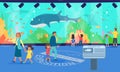 Aquarium, vector illustration. Family at underwater oceanarium, man woman with girl boy child look at cartoon ocean