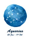 Aquarius constellation icon of zodiac sign Aquarius in cosmic stars space. Blue starry night sky inside circle background. Royalty Free Stock Photo