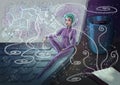 Aquarius. Tiny girl sitting on the laptop dressed as astronaut Royalty Free Stock Photo