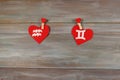 Aquarius and twins. signs of the zodiac and heart. wooden backgr