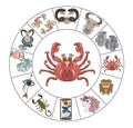 Cancer vector of Astrology design.Crab on circle illustration for doodle art.