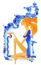 Aquarius. Young barefoot woman with red hair in a blue dress pours water from a cup as a symbol of the zodiac sign Aquarius.