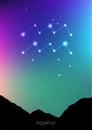 Aquarius zodiac constellations sign with forest landscape silhouette on beautiful starry sky with galaxy and space