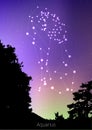 Aquarius zodiac constellations sign with forest landscape silhouette on beautiful starry sky with galaxy and space