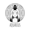 Aquarius zodiac sign artwork, adult coloring book page, beautiful horoscope symbol girl, vector illustration Royalty Free Stock Photo