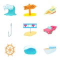 Aquatic adventures icons set, cartoon style