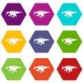 Aquatic dinosaur icon set color hexahedron