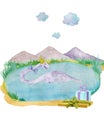 Aquatic Dinosaur in pond Children Watercolor Illustration for holiday design