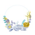 Aquatic Dinosaur in seaweed and coral round frame