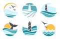 Aquatic environment logo collection. Ocean waves with whale tail in water, flying seagulls and lighthouse silhouette Royalty Free Stock Photo