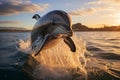 Aquatic exuberance, portrait of a dolphin jumping over the sea Royalty Free Stock Photo