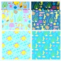 Aquatic funny sea animals underwater creatures cartoon characters shell aquarium sealife seamless pattern background