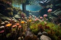 aquatic plant garden with colorful blooms, thriving underwater
