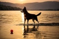 A dog is playing with his ball at a lake at sunset