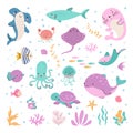 Aquatic sea life characters. Cartoon ocean animals, funny aquarium creature. Cute whale, shark octopus. Underwater Royalty Free Stock Photo