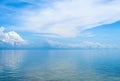 Aquatic seascape with distant island and blue sky. Relaxing sea view with still seawater. Royalty Free Stock Photo