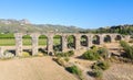 Roman aqueduct at Aspendos. Tower for turning water. Ruin. Turkey. Aerial photography. View from above