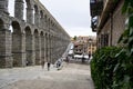 Aqueduct of Segovia. Ancient Roman aqueduct in the Plaza del Azoguejo and old construction cities in Segovia. Spain. Europe. Horiz