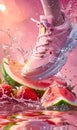 Aqueous Watermelon Splendor: A Playful Anime-Inspired Painting Featuring a Pink Shoe, Water Droplets, and Vibrant Fruit Imagery