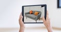 AR augmented reality. Hand holding digital tablet, AR application