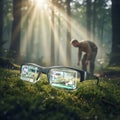 AR glasses on a forest floor display digital interfaces amidst sunbeams Royalty Free Stock Photo