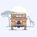 ÃÂ¡ar in motion on a safari trip Africa landscape with wildlife and sunset Vector illustration