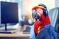 Ara parrot in headphones and office suit in the office.Telemarketing concept