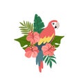 Ara parrot with tropical leaves and hibiscus flowers.