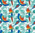 Ara parrot vector seamless pattern. Tropical fabric design with leaves and birds. Royalty Free Stock Photo